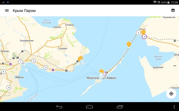 Карта Керченского пролива с информацией о паромах