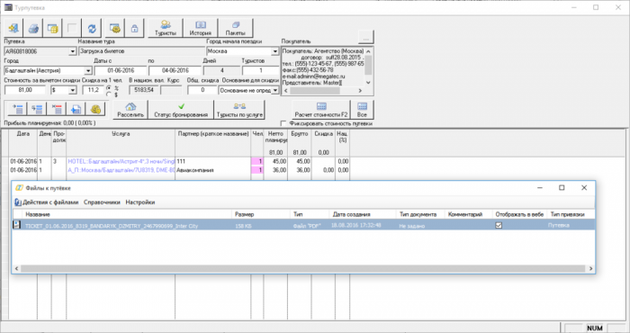 Просмотр выгруженного авиабилета с помощью дополнительного модуля Привязка файлов к путевке