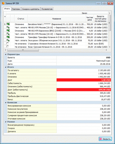 Окно с финансовой информацией по заявке