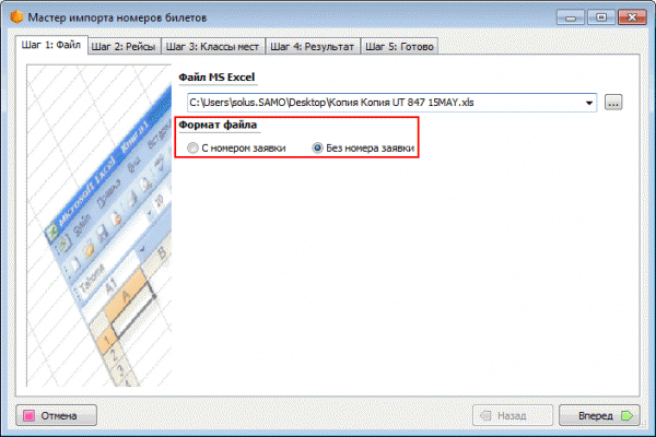 Выбор варианта импорта в Мастере импорта номеров билетов