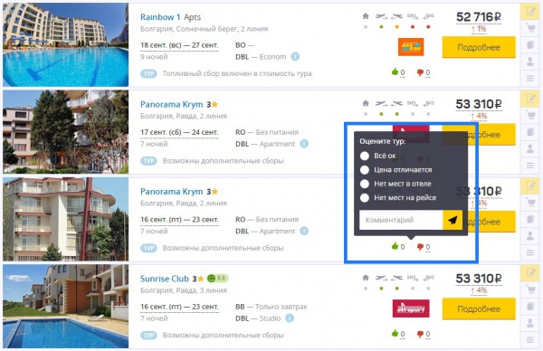 Сервис оценки туров пользователями в поисковой выдаче Слетать.ру