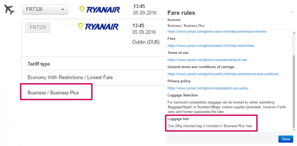 Тариф Business Plus авиаперевозчика Ryanair в Amadeus Content Rail & LCC