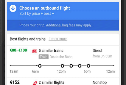 В Google Flights появилась функция по бронированию железнодорожных билетов