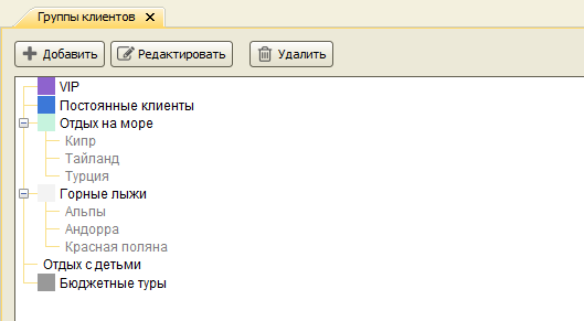 В справочнике Группы клиентов добавлена возможность создания подгрупп и организации группы в виде древовидной структуры