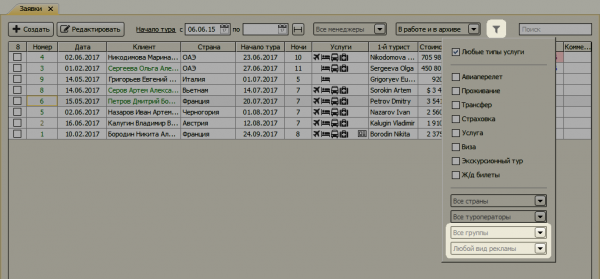 В журнале заявок реализована возможность фильтрации заявок по группе клиентов и рекламе