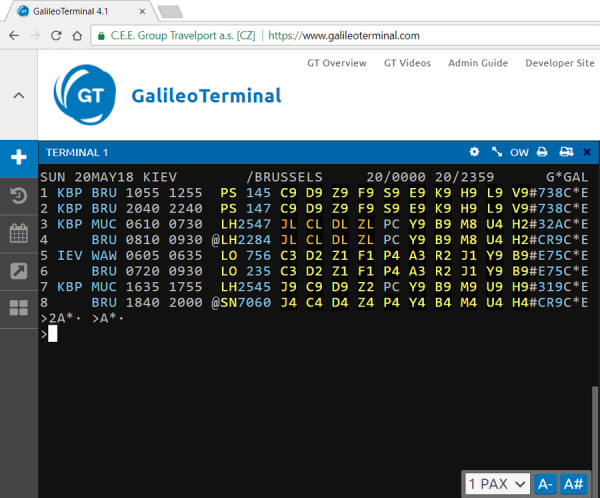 Экран наличия мест (Availability) в GalileoTerminal 4.1