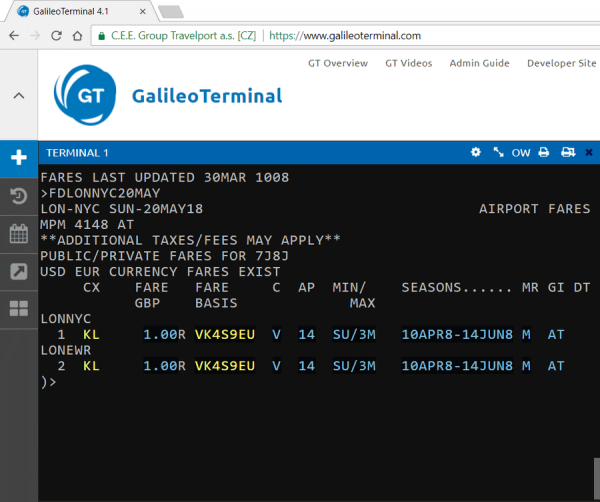 Экран тарифов (Fare Display) в GalileoTerminal 4.1