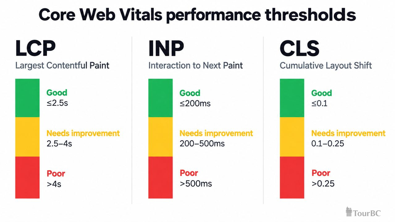 Core Web Vitals performance thresholds: LCP, INP, and CLS metrics