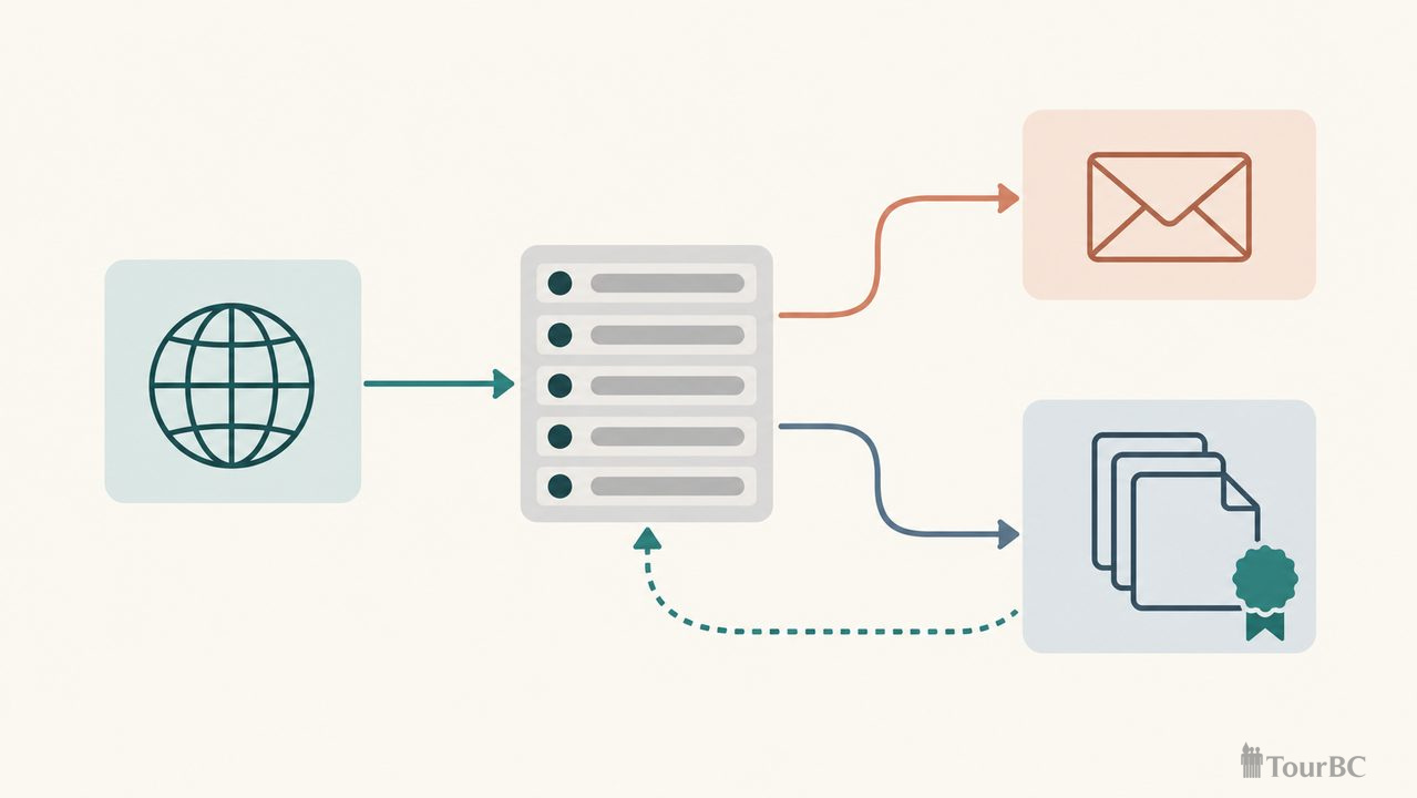 Схема: домен, DNS, почта и хостинг связаны одной цепочкой