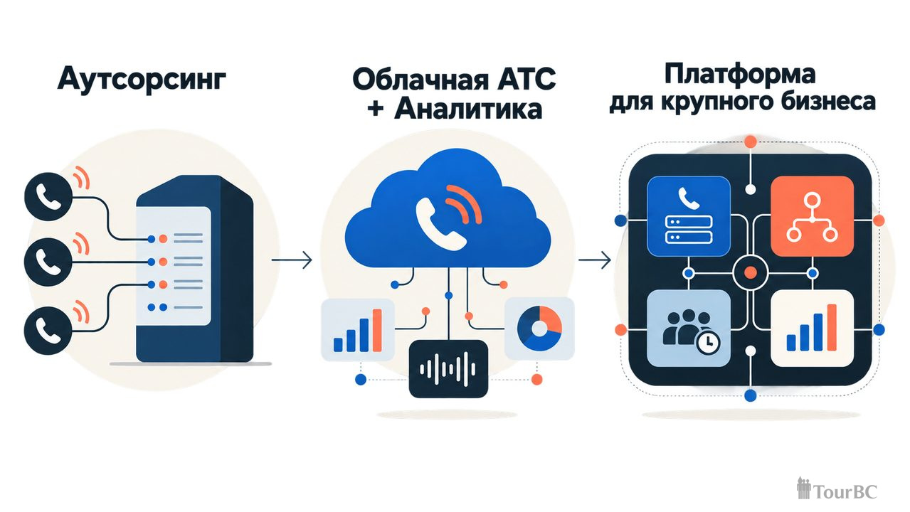 Три варианта: аутсорсинг, облачная АТС с аналитикой, интегрированная платформа